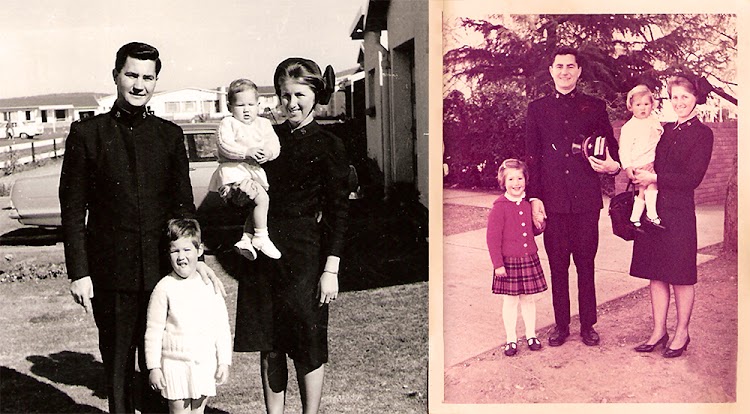 Links: Taybank, 1967, Ma en Pa, toe gewone soldate, op pad Leër toe saam met my en Janet. Regs: Pretoria, 1968, nou eerstejaar-kadette met die bygevoegde rooi vlegsel onder die S'e.