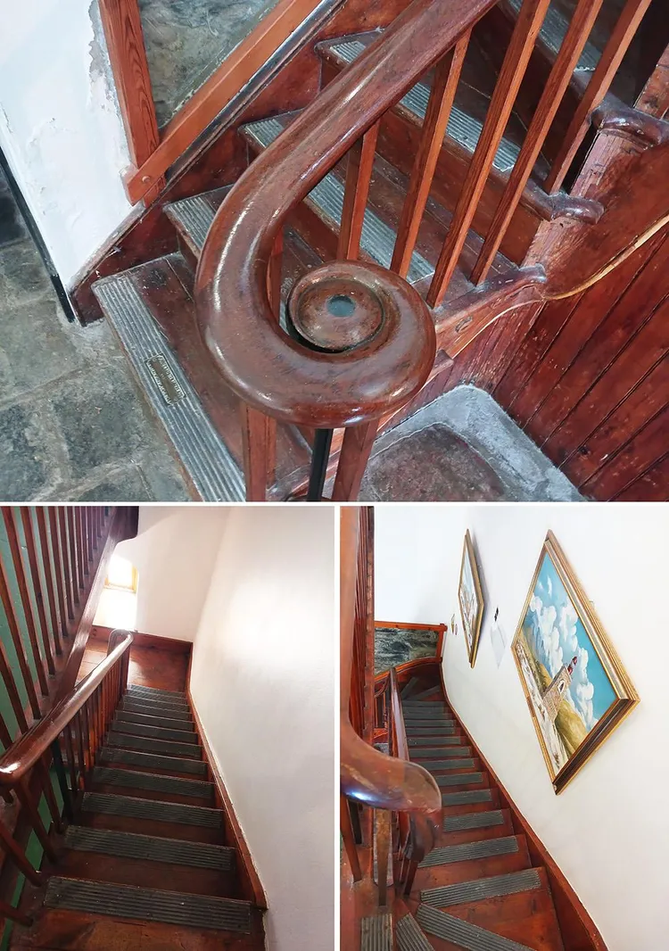 Top: The beautiful antique kiaat railings and stairs which take you through several levels to the top. Bottom left and right: The light wardens of yore probably had to be superfit to mount the stairs and descend again.