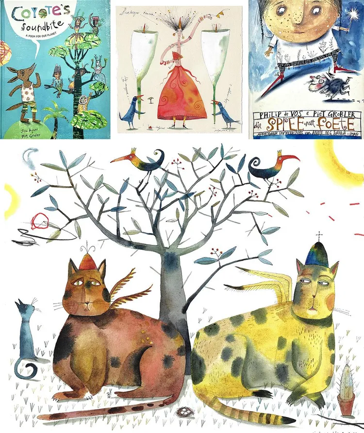 Top left: COYOTE’S SOUNDBITE (by John Agard for Lantana uitgewers, UK) | Top centre: AFRICAN LANDSCAPE WITH BURLESQUE DANCER, TWO LILY SNAPPERS AND ONE LADYBIRD | Top right: DIE SPREE MET FOETE (by Philip de Vos, Human en Rousseau) | Bottom: TWEE BEHOEDERS (Watercolor and ink).