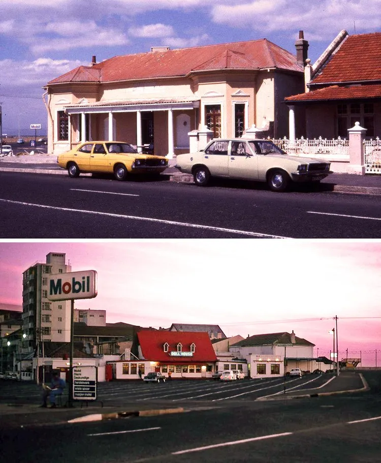 Top: Old family houses during the 1970s near the lighthouse. Bottom: The old Doll House drive-in restaurant across from the lighthouse. Today, apartment blocks line the street.