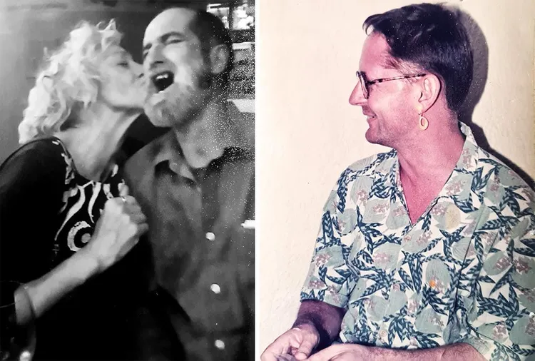 Links: Die laaste keer toe ek vir Ryk Hattingh gesoen het, toe sy roman Huilboek in 2017 bekroon is, skaars 'n maand voor sy dood. Regs: Koos Prinsloo met 'n verspotte plastiek-oorbel in die laat jare tagtig.