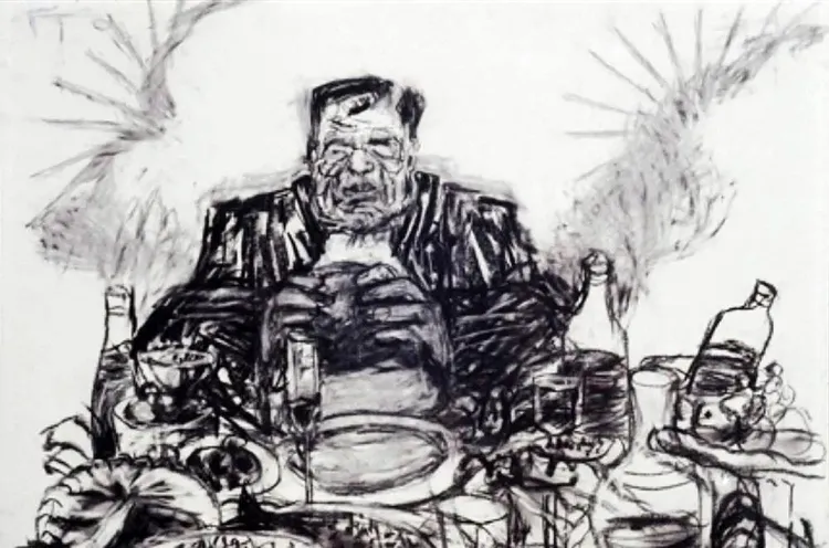 Die gulsige, gierige vraat in Kentridge se animasiefilm Johannesburg Second Greatest City After Paris.