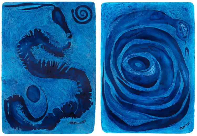 Lady Skollie works exhibited at the Investec Cape Town Art Fair, 2024. Left: “Snake Fossil”, mixed media on paper, 2022. Right: “Live Snake”, 2022.