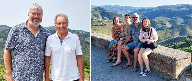 Left: Tolla Lombard visited Adalberto Lopes in Portugal in June 2023. Right: Tolla and Evette Lombard with their two children, Isabella and Christopher, in 2023 in Portugal. Tolla met Evette in 1999 and they married in 2000.