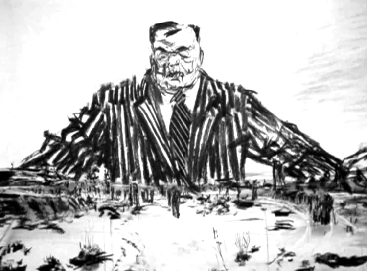 Houtskoolpanorama ... van 'n verwonde mynlandskap.