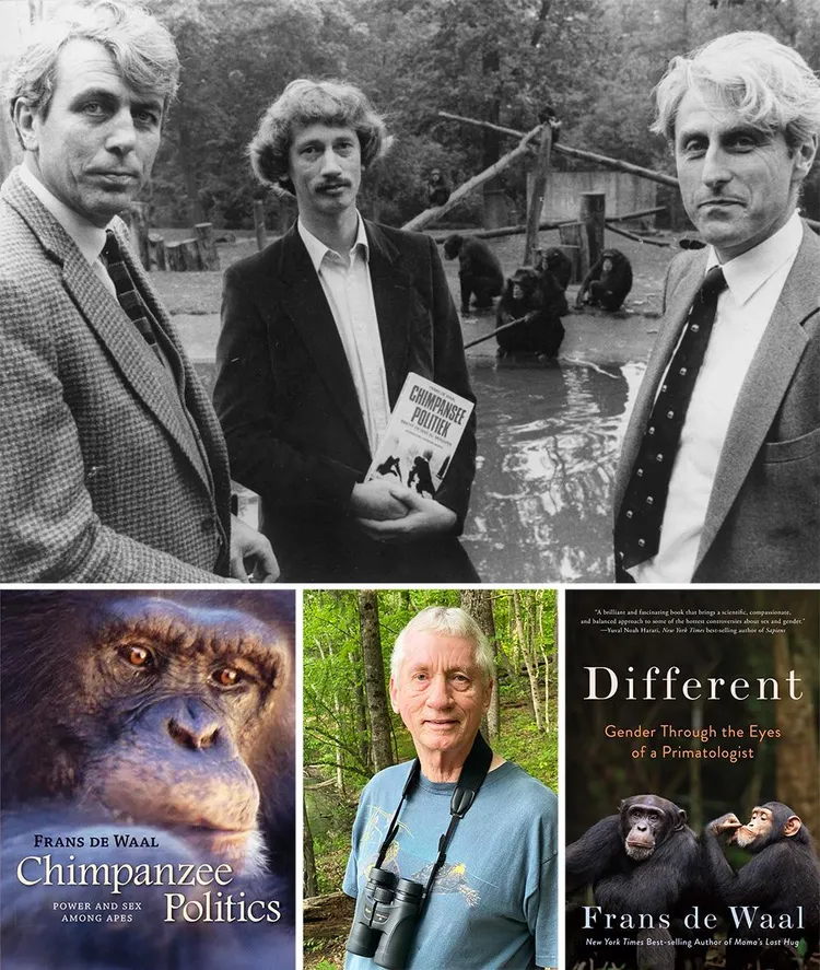 Frans saam met Anton van Hooff, links, direkteur van die Arnhem-dieretuin, en Jan van Hooff, sy proefskrifadviseur. Hier is hulle by die bekendstelling van sy eerste boek, Chimpanzee Politics, in 1982. In Different het De Waal oor gay en ander geslags-nie-konformerende primate geskryf. © EMORY UNIVERSITEIT