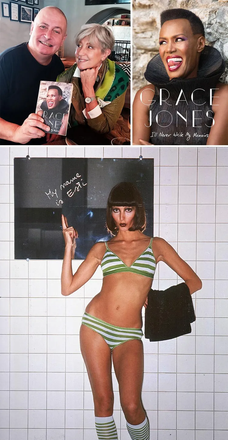 Top left, Esti and I with the book that connected us. Top right, Grace's memoir, in which I read Esti's name. Bottom, Esti as a fiery young model in Paris.