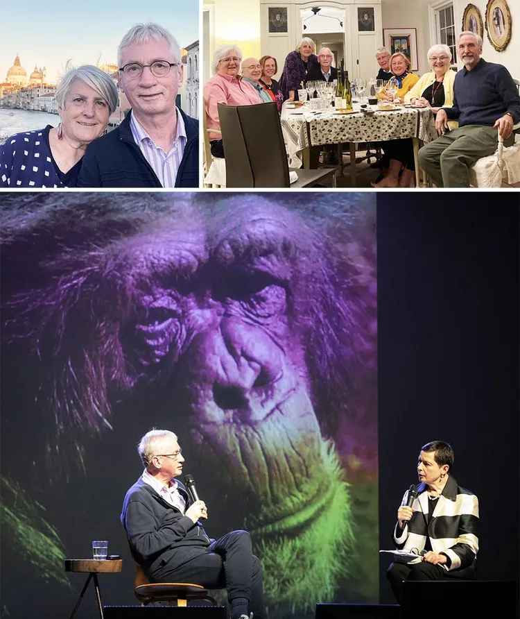 From top left: Frans with his wife, Catherine Marin, on holiday; celebrating his last birthday with his wife and friends; with actor and ethologist Isabella Rossellini in Brooklyn, New York, talking about the sex lives of chimpanzees, among other things.