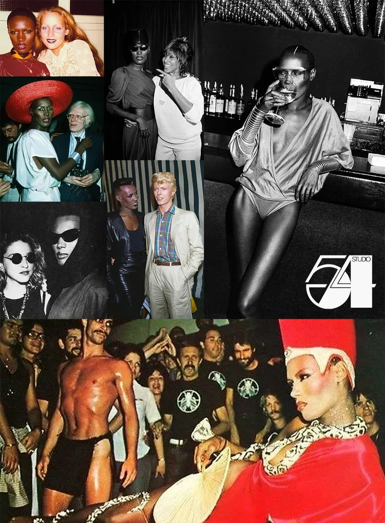 Grace Jones was an institution at Studio 54 in New York. Clockwise from top left, she is pictured with Jerry Hall, Tina Turner, David Bowie, Madonna and Andy Warhol.