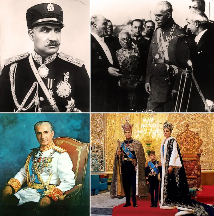 Top left is Reza Pahlavi, father and predecessor of Mohammad Reza Pahlavi. Top right are Mustafa Kemal Atatürk and Pahlavi senior in Ankara in 1934. Bottom left is Mohammad Reza Pahlavi when he was still Shah, and bottom right is him with his wife, Farah Pahlavi, in the throne room.