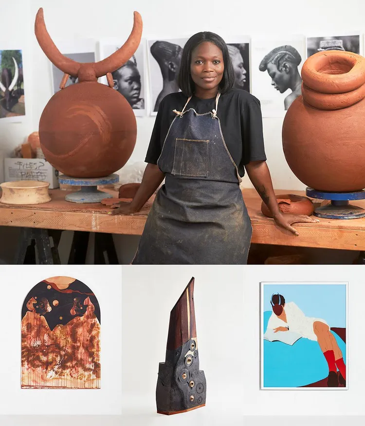 Top: Zizipho Poswa in residence at the Center for Contemporary Ceramics, California State University Long Beach. (© Elon Schoenholz/Southern Guild) Left: Manyaku Mashilo, ‘somewhere in-between’. (© Hayden Phipps/Southern Guild) Centre: Andile Dyalvane, ‘Nkcokocha’ (© Justin Patrick/Southern Guild/Friedman Benda) Right: Jozua Gerrard, ‘Spiralling Enquiry’ (© Hayden Phipps/Southern Guild)